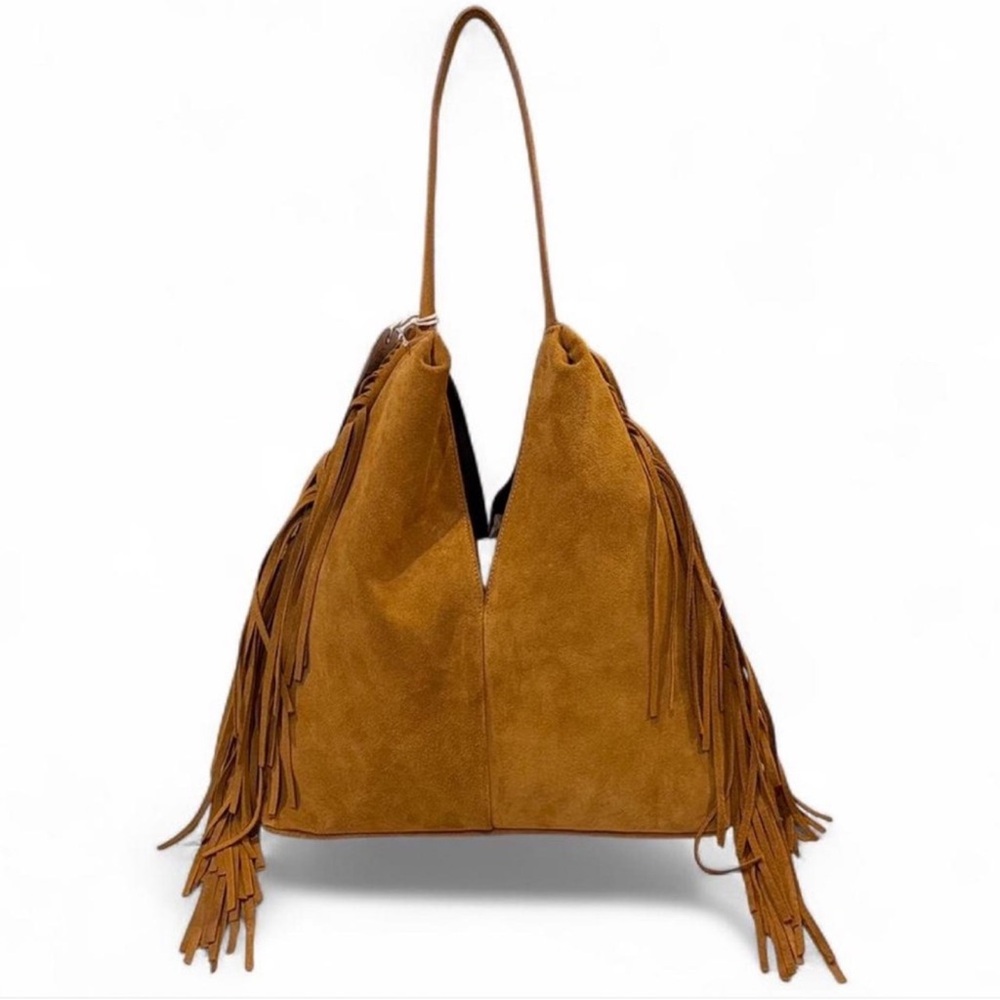 NWT Divina Firenze Suede Leather Fringe Hobo Shoulder Bag Tan Brown - Picture 1 of 8